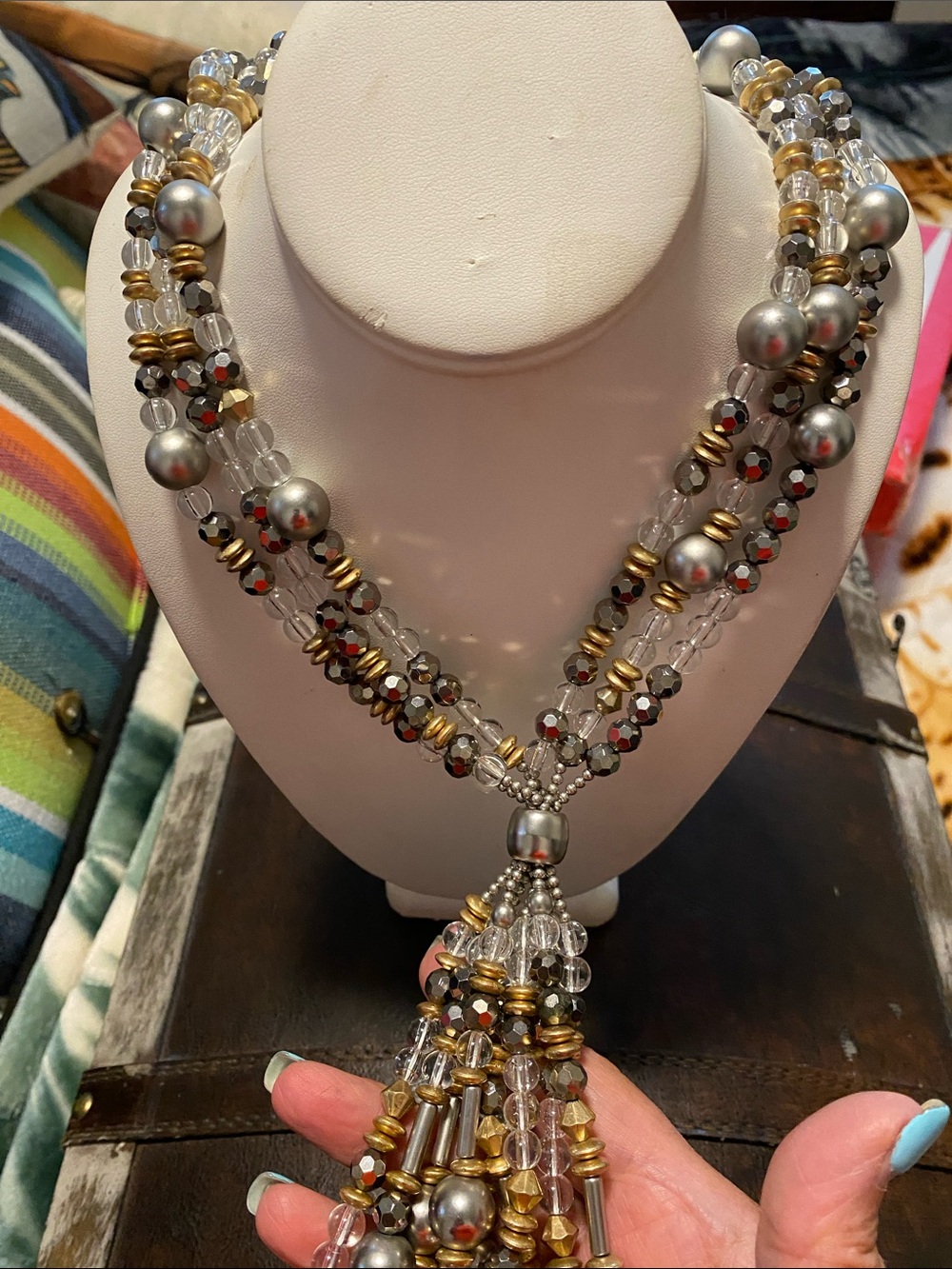 YSL Vintage Elegant Multi-Strand Silver and Gold ,crystal Beaded Tassel Necklace